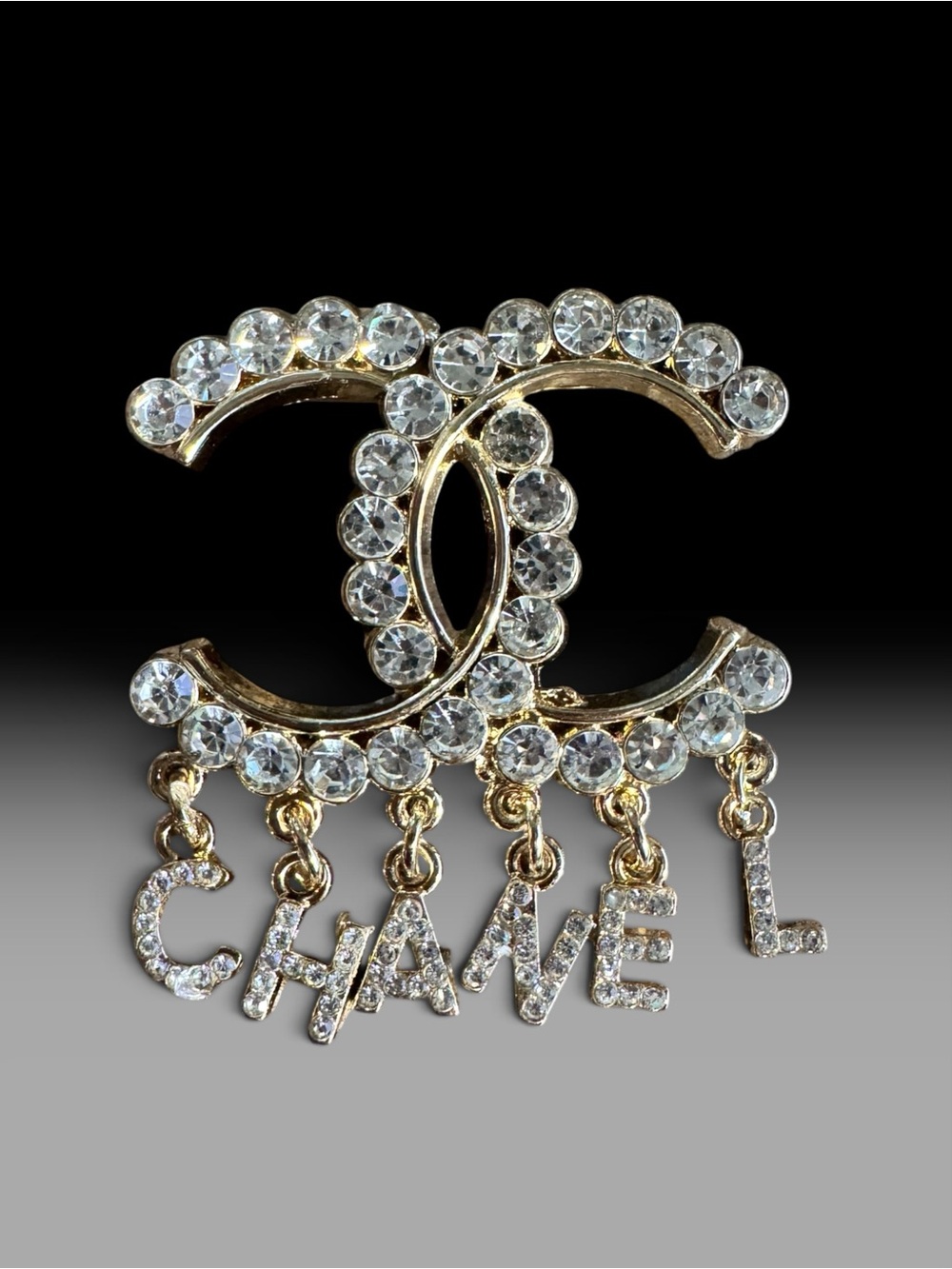 Gold Crystal Brooch with Dangling Letter Charms